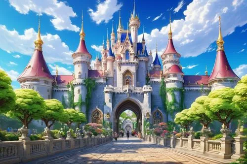 fairy tale castle,disney castle,fairytale castle,tokyo disneyland,castlelike,sleeping beauty castle,cinderella's castle,fantasyland,gold castle,knight's castle,castle of the corvin,disney land,alfheim,castletroy,disneyland park,usj,everland,hisaishi,symphonia,eurodisney,Illustration,Japanese style,Japanese Style 12