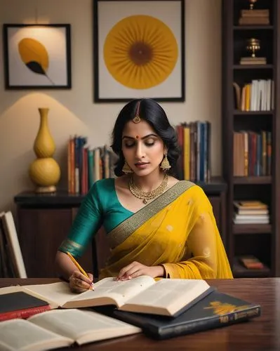 Modern Indian living room, Mumbai style interior design course, elegant lady, 30s, fair skin, sleek black hair, subtle makeup, wearing a yellow saree, holding a pencil, standing near a desk, surrounde