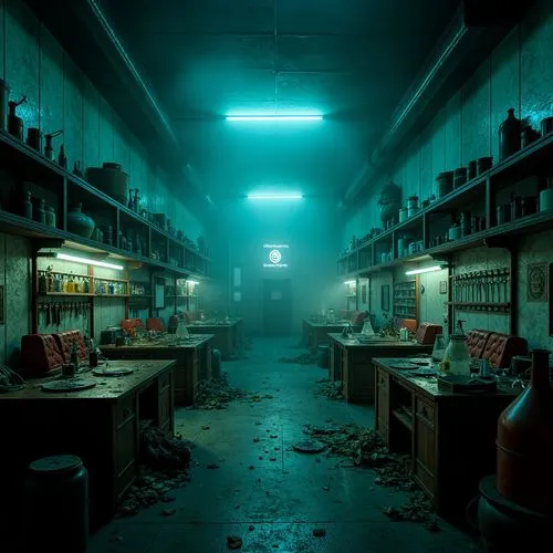 chemical laboratory,pharmacy,penumbra,laboratory,empty factory,alchemax,cold room,pharmacie,barotrauma,laboratories,lab,chemical plant,the morgue,refinery,darkrooms,mailroom,warehouse,empty interior,3d render,environments