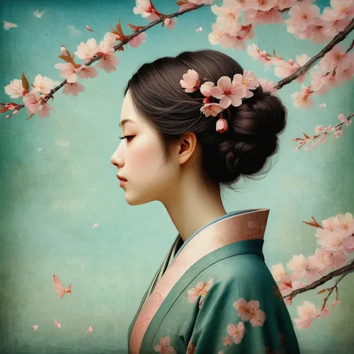 japanese art,plum blossoms,japanese floral background,geisha girl,plum blossom,japanese woman,cherry blossom japanese,japanese cherry blossom,the cherry blossoms,apricot blossom,geisha,japanese cherry,cherry blossom,cherry blossoms,japanese cherry blossoms,sakura blossom,spring blossom,takato cherry blossoms,cold cherry blossoms,peach blossom,Illustration,Realistic Fantasy,Realistic Fantasy 35