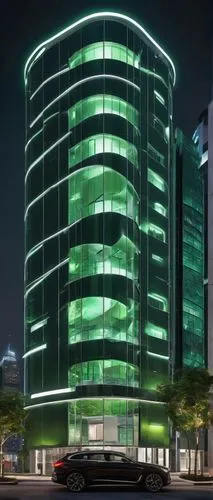 Modern futuristic skyscraper, sleek metallic exterior, curved lines, glass facade, neon lights, urban cityscape, night scene, dramatic lighting, low-angle shot, 3/4 composition, symmetrical architectu