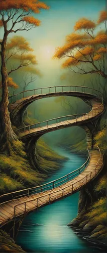 winding road,scenic bridge,wooden bridge,winding roads,rainbow bridge,viola bridge,the road to the sea,tied-arch bridge,dragon bridge,hangman's bridge,pathway,the mystical path,river landscape,humpback bridge,angel bridge,road bridge,fantasy landscape,bridge,meander,landscape background,Illustration,Realistic Fantasy,Realistic Fantasy 34