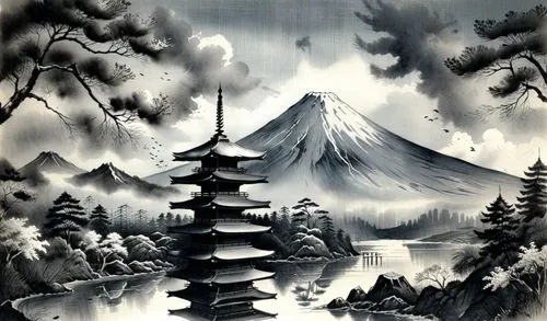 Mount Fuji and Pagoda,a painting on the wall of a japanese temple,mountain scene,lake tanuki,japanese art,khokhloma painting,ukiyoe,mountain landscape,Illustration,Paper based,Paper Based 30