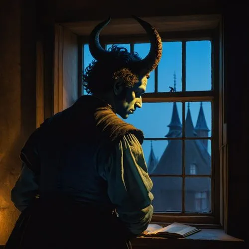 An androgynous demon with short horns and dressed in faded blue looks down at a window into a dark living room at night,an image of a person standing by a window,krampus,sennikov,lubezki,welborne,man 