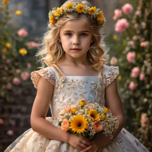 flower girl,little girl dresses,beautiful girl with flowers,girl in flowers,little princess,little girl in pink dress,vintage flowers,girl picking flowers,princess crown,young girl,innocence,golden fl