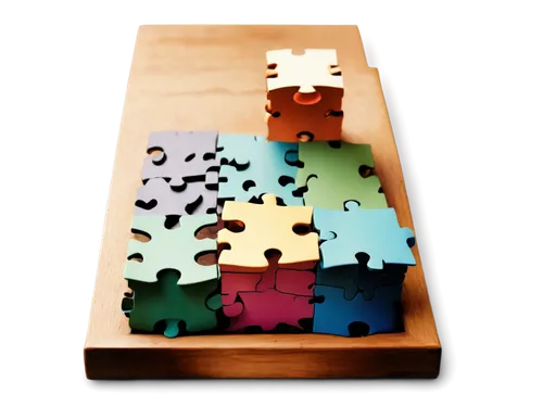 Jigsaw puzzle pieces, scattered on table, wooden surface, soft focus, natural light, warm color tone, 3/4 composition, shallow depth of field, puzzle box in background, vibrant colors, intricate desig