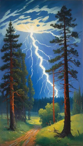 lightning storm,lightning bolt,lightning strike,thunderstorm,forest landscape,lightning,lightening,defense,lightning damage,forest road,row of trees,electrified,patrol,night scene,oil on canvas,oil painting on canvas,coniferous forest,painting technique,rural landscape,spruce forest,Art,Classical Oil Painting,Classical Oil Painting 27