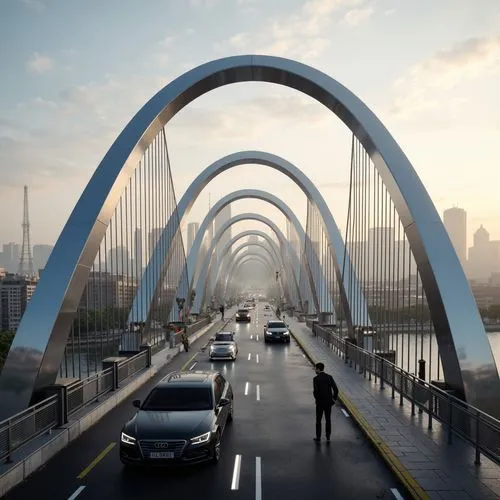 Futuristic vehicular bridge, sleek metallic arches, suspension cables, LED lighting strips, dynamic curves, aerodynamic shapes, high-strength steel beams, reinforced concrete piers, cantilevered roadw