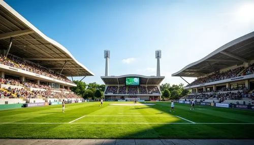 Vibrant sports stadium, lush green grass, bold white lines, bright colored goalposts, dynamic athletic tracks, modern scoreboards, sleek metal bleachers, natural stone concourses, energetic crowd atmo