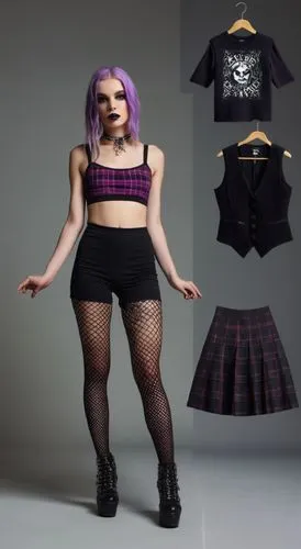 Paper doll 2d cartoon punk purple haired girl in black sleeveless shirt , black spandex shorts, complete full length fishnet and black punk knee Boots, standing surrounded by with a set of punk fashio