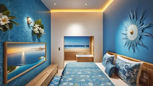 This photo showcases a hotel room located in Puli, Taiwan. 
The design incorporates elements of summer, the seaside, and Bali, adopting a modern blue style. 
The room is furnished with stylish furnitu