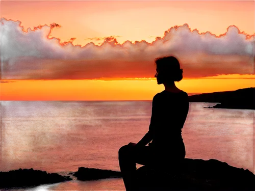 Warm sunset, silhouette figure, sitting on rock, overlooking ocean, golden light, soft glow, vibrant orange sky, fluffy white clouds, gentle waves, peaceful atmosphere, 3/4 composition, shallow depth 