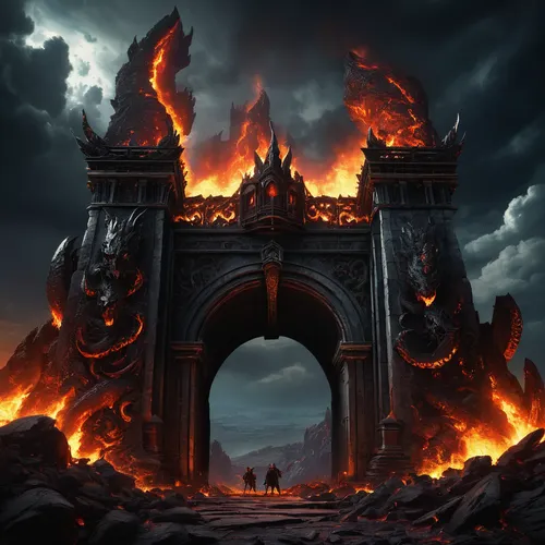 door to hell,pillar of fire,city in flames,iron gate,conflagration,the conflagration,lake of fire,devil's bridge,end-of-admoria,hall of the fallen,triumphal arch,heaven gate,burning earth,inferno,archway,victory gate,dragon bridge,heaven and hell,purgatory,portal,Art,Classical Oil Painting,Classical Oil Painting 37