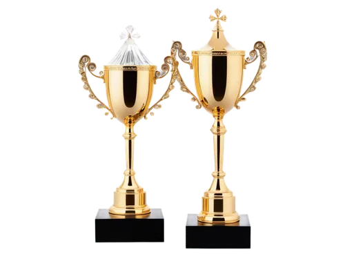 Golden trophy, luxury award, shiny metal, ornate details, round base, slender body, curved handles, glass or crystal top, reflective surface, softbox lighting, 3/4 composition, shallow depth of field,