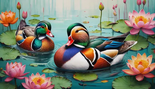 Design a cute illustration of mandarin ducks among colorful lotus flowers.,mandarin ducks,wild ducks,ducks,ornamental duck,bird painting,flower painting,oil painting on canvas,flower and bird illustra