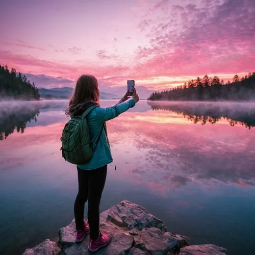 girl making selfie,taking photo,nature photographer,taking picture,incredible sunset over the lake,reflexed,Conceptual Art,Daily,Daily 09