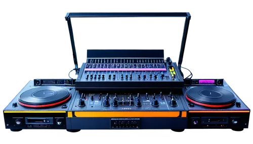 DJ console, modern equipment, flashing lights, headphones, microphone, vinyl records, CDs, laptops, speakers, equalizer, sound waves, musical notes, vibrant colors, neon glow, dark background, low-key