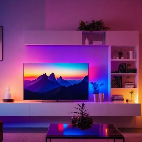 plasma tv,monitor wall,modern decor,colorful light,colorful background,color wall,dusk background,3d background,beautiful frame,purple frame,sky apartment,landscape background,tv set,livingroom,television,purple landscape,tv,hdtv,virtual landscape,living room modern tv