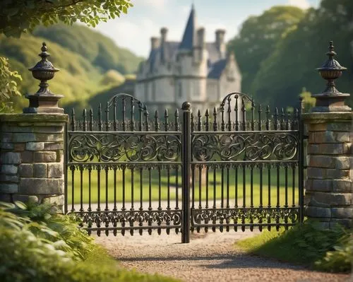 gated,iron gate,fence gate,gates,wrought iron,metal gate,fairy tale castle,garden fence,castlelike,stone gate,front gate,gatehouses,ironwork,fairytale castle,dunrobin castle,castledawson,country estate,ornamental dividers,wood gate,gateposts,Conceptual Art,Fantasy,Fantasy 02