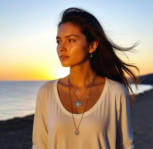 Same person wearing necklace and bracelets. She is walking into the sun set. A silloute,a woman standing near the ocean wearing a necklace,azzurra,necklace,krsmanovic,gokdeniz,eretria,azzurro