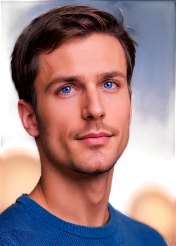 Male face, solo, 30yo, strong jawline, short brown hair, blue eyes, nose slightly upturned, light stubble, subtle smile, soft facial features, gentle skin texture, warm lighting, shallow depth of fiel