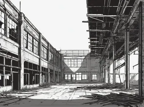 warehouses,empty factory,warehouse,abandoned factory,industrial hall,hangars,old factory,dogpatch,railyards,industrial ruin,warehousing,industrial landscape,factory,industrial building,ship yard,roughs,factory hall,loading dock,ghost town,layouts,Illustration,Black and White,Black and White 04