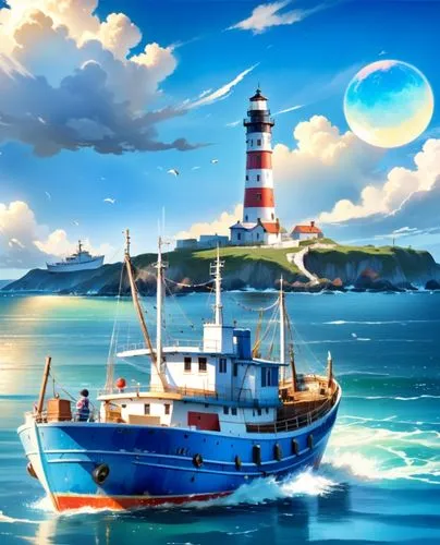 lighthouses,yazaki,sea fantasy,fishing boat,lighthouse,schoolship,Anime,Anime,Realistic