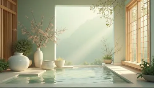 japanese-style room,ryokan,ikebana,ryokans,3d background,morning light,spa,bath room,zen garden,fengshui,windowsill,background design,sunroom,houseplants,bathtub,aqua studio,3d render,indoor,feng shui,houseplant,Photography,General,Realistic