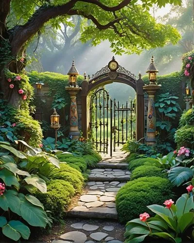 garden door,heaven gate,fairy village,to the garden,farm gate,wood gate,garden of eden,fairy world,stone gate,gateway,green garden,fantasy landscape,nature garden,arbor,fairy door,entrada,rose arch,japan garden,fairytale forest,tunnel of plants,Illustration,Retro,Retro 18