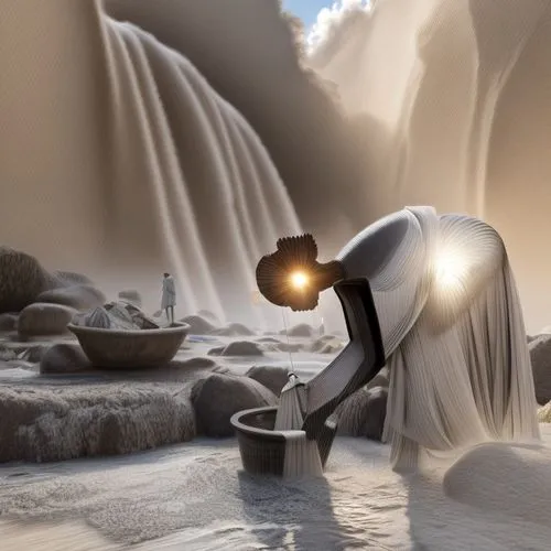 silversmith,digital compositing,fantasy picture,pouring tea,salt harvesting,ice hotel,ice planet,tinsmith,3d fantasy,drawing with light,offering,sci fiction illustration,wishing well,cinema 4d,blender