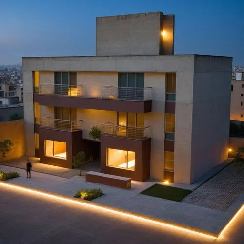 the skyline of a modern urban building is illuminated by the warm glow of streetlights. The plastered masonry adds texture and texture to the concrete, while the brick facade of the building is textur