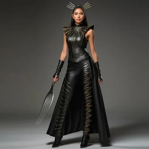 katniss,sindel,gaultier,sephiroth,warrior woman,villainess,auditore,mugler,lilandra,female warrior,black queen,defile,leather texture,afrofuturism,dress walk black,ventress,mockingjay,balmain,couturier,dark elf,Conceptual Art,Fantasy,Fantasy 16