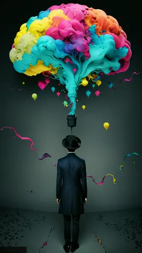 A wandering mind, colorful, whimsical,conceptual photography,cognitive psychology,imagination,self hypnosis,colorful balloons,computational thinking,man thinking,emotional intelligence,brainstorm,psyc