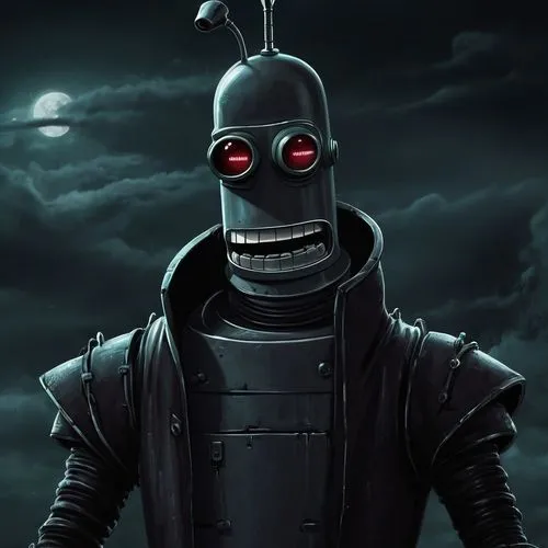 Футурама бендер,a robot with two red eyes and a dark, cloudy sky,bender,grunty,bitterman,animatronic,kozik,hammerman,Conceptual Art,Fantasy,Fantasy 34