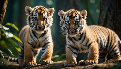 Siberian tiger cubs, rainforest, beautiful blue sky, realistic - cinematic and realistic style, photography.,tigers,malayan tiger cub,tiger cub,sumatran tiger,asian tiger,bengal tiger,bengal,young tig