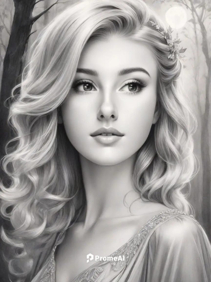 Beautiful blonde lady, with a long bob hairstyle and  flowing gown Atmospheric. Cinematic. in woodland glade. Moonlit. detailed pencil / acriylic drawn painting,margairaz,behenna,margaery,fantasy port