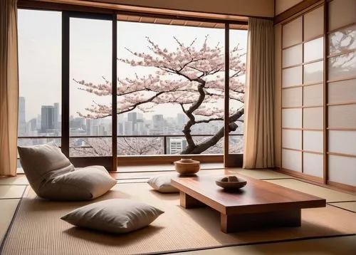 Modern Japanese living room, minimalist decor, low seating, Tatami mats, Shoji screens, paper lanterns, wooden accents, sliding doors, natural light pouring in, subtle shadows, warm beige walls, tradi