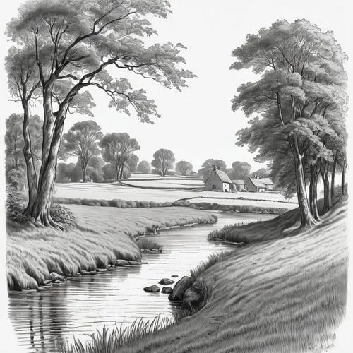 brook landscape,river landscape,watercourses,the shoals course,headrace,riparian,Illustration,Black and White,Black and White 26