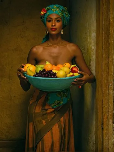 My beautiful Creole hostess came up to me with a bowl of the most delicious fruit and beamed at me lovingly.,a woman is holding a bowl of fruit and holding her arm up,african woman,ibibio,ikpe,fatouma