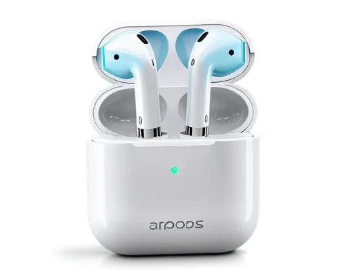 White AirPods, solo, close-up, detailed texture, metallic material, sleek design, LED light indicator, charging case, opened lid, morning dew, soft natural lighting, shallow depth of field, 3/4 compos