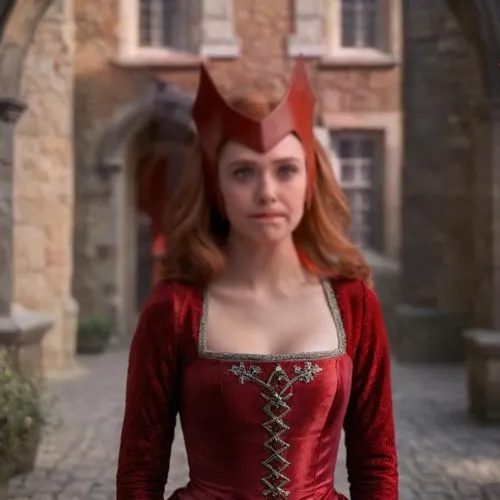 Make her with a red medieval dress, with hands on hips. The background is a castle courtyard.,red tunic,red gown,lady in red,red coat,tudor,queen of hearts,red cape,man in red dress,in red dress,red b