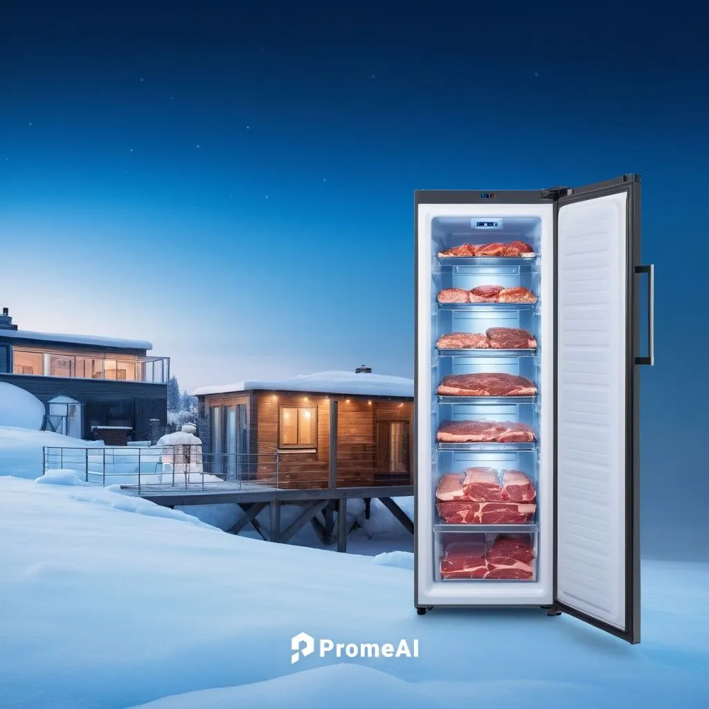 a summit upright freezer with meat inside standing on a iced , with house on the background and light dark blue background,an opened refrigerator sitting in the snow with some foods inside,refrigerate