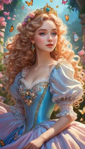 Disney-style AI art generator, fantasy kingdom, grand castle, vibrant colors, intricate details, whimsical atmosphere, princess-like female character, golden curly hair, bright blue eyes, rosy cheeks,