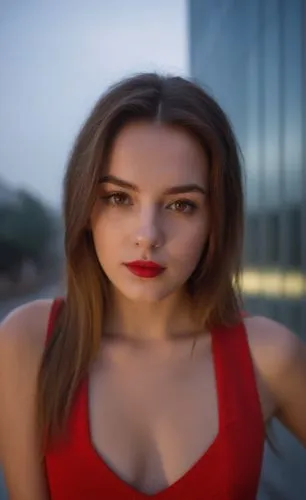 a portrait half body of caucasian girl 22 years old, brown hair, brown eyes, red lips, wearing a red dress stand up in a street of Madrid City close to metro station at sunset in a rainy day in4k,a wo