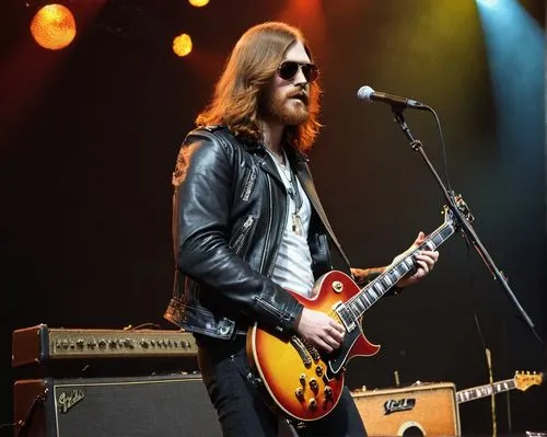 Un hombre alto, de unos 20 años de edad, cabellos largos y lisos de color rojizo, barba, chaqueta de cuero estilo años 1970 y con lentes de aviador, toca la guitarra en frente del público. Él va tocan