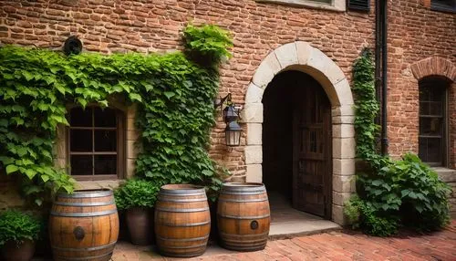 Historic vinery building, Raleigh NC, intricate brick exterior, ornate wooden doors, rustic stone walls, lush green vines crawling up walls, large wooden barrels, wine-making equipment, dim warm light