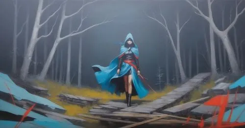 a drawing of a woman wearing a blue cape,pocahontas,fantasia,mononoke,rafiki,blue enchantress,pyre,Illustration,Realistic Fantasy,Realistic Fantasy 24