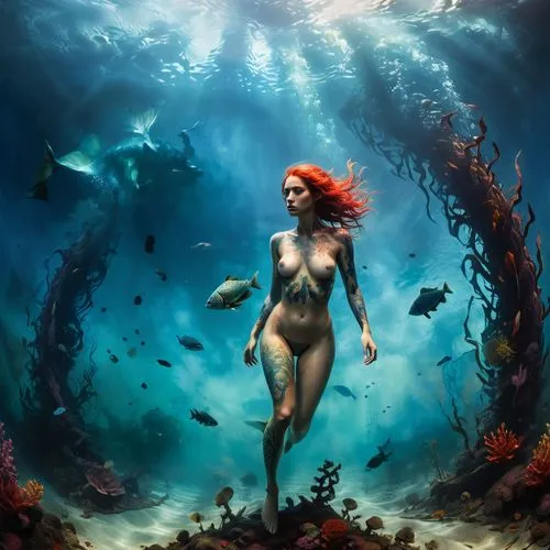 underwater background,naiad,fathom,amphitrite,merfolk,sirene,Conceptual Art,Oil color,Oil Color 11