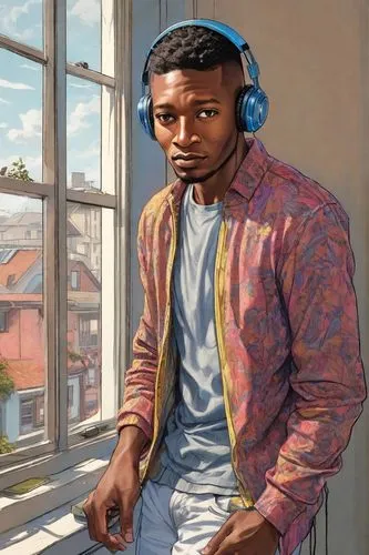 a man who is weared headphones and stands infront of window and watching outside of window and he is in full relax mode, ultra hd, realistic, vivid colors, highly detailed, UHD drawing, pen and ink, p