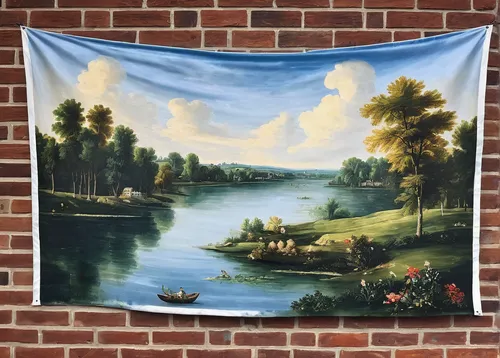 tapestry,nautical banner,pictures on clothes line,river landscape,church painting,a curtain,panoramic landscape,river view,lake view,home landscape,photos on clothes line,theater curtain,boat landscape,regatta,stage curtain,golf course background,wall decor,target flag,fabric painting,vintage print,Art,Classical Oil Painting,Classical Oil Painting 35